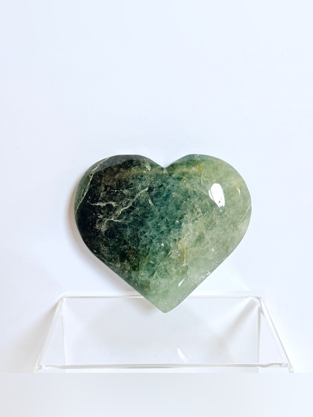 Green Strawberry Quartz Heart – Sparkling Moss Green Crystal Carving 12.8oz